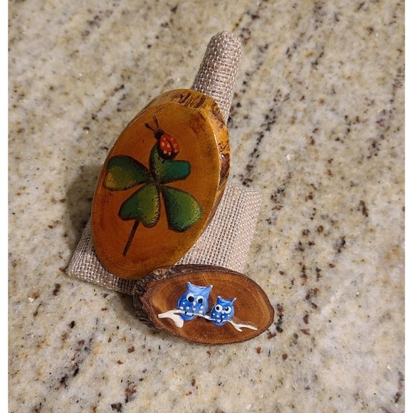 Vintage-Hand Painted Lady Bug & Owl Wood Brooch. Set of 2 - Picture 1 of 8